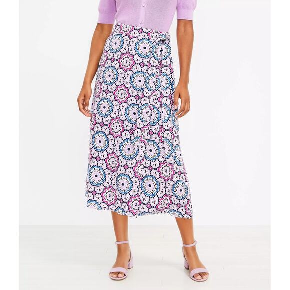 LOFT Linen Blend Mosaic Midi Wrap Skirt Womens Size 14 Violet Event Cottage - Picture 3 of 12